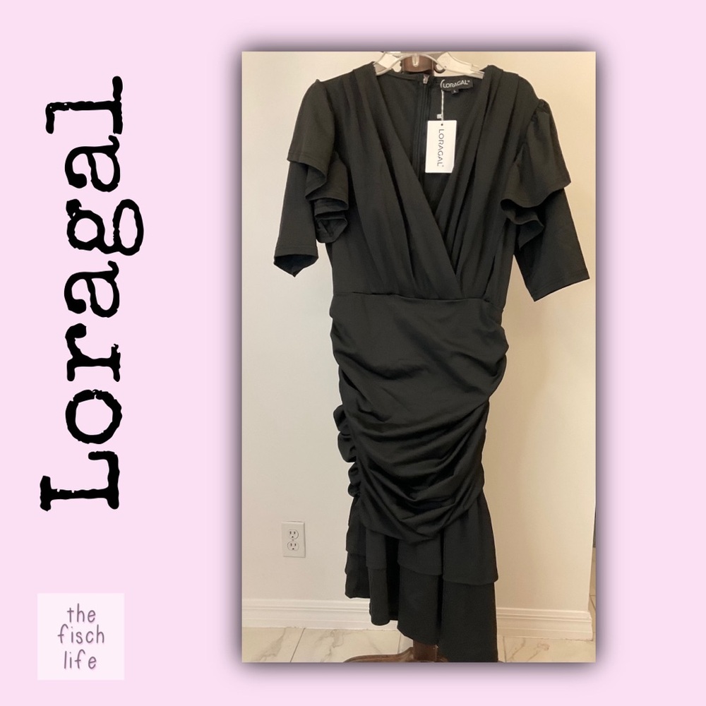 NWT Loragal black ruched cocktail dress sz L overlap vneck asymmetrical hem prom